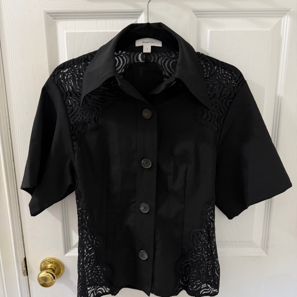 beaufille Black Short-Sleeve Button Front Blouse with Lace Panels 4
